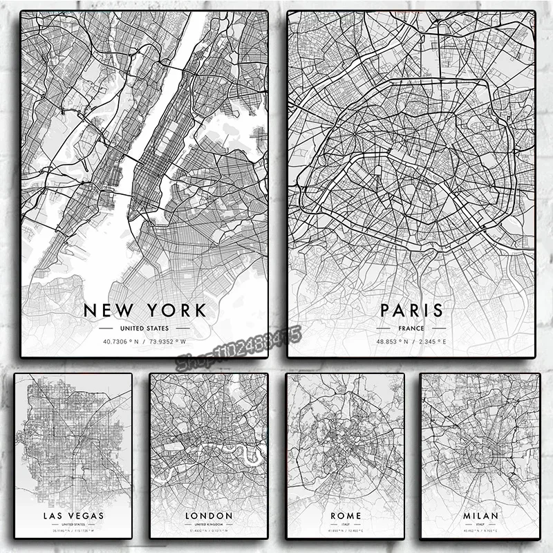 Photography New York - لوحة فنية لخريطة المدينة، باريس ونيويورك،